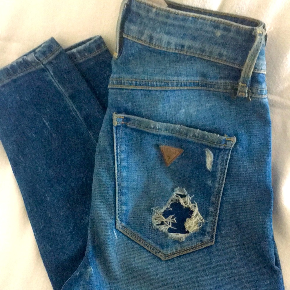 GUESS High Rise Distressed Skinny Jeans Blue Stretch Denim Ripped Ripped Size 25 - Picture 12 of 15